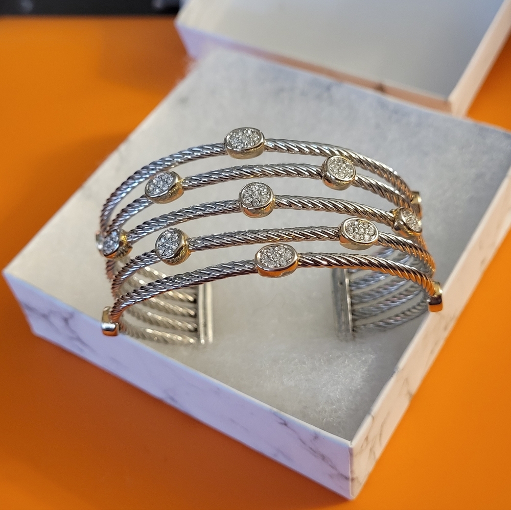 Silver  Multi-Strand Crystal Cuff Bracelet